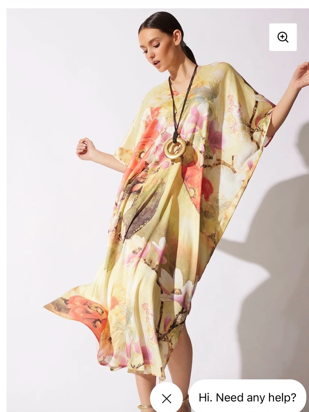 Flowy Floral Kaftan Dress in Soft Yellow and Coral Natori